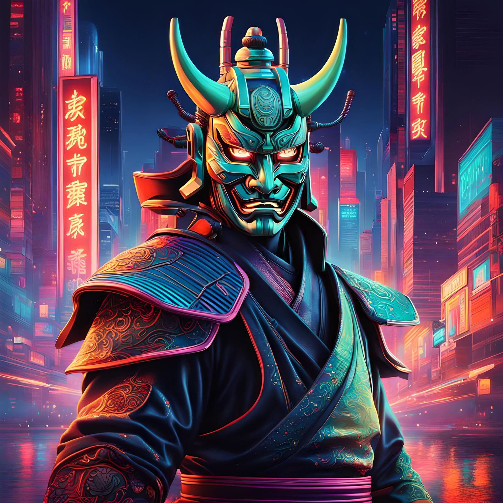 Futuristic Samurai Warrior in Neon Cityscape