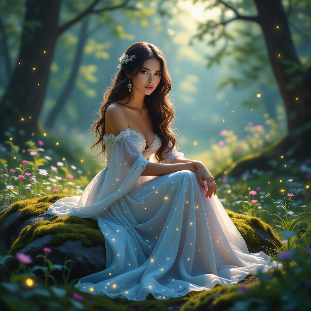 Ethereal Woman in Forest Glade, Hyperrealistic Style