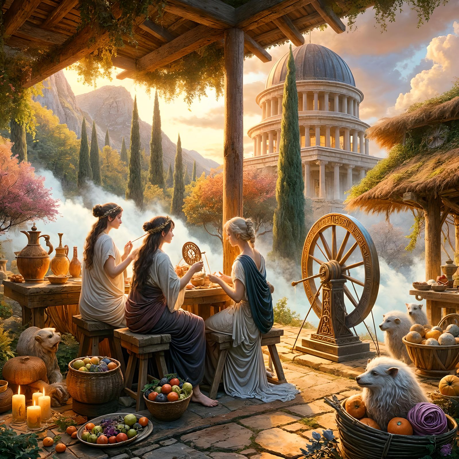 The Three Fates Cook Dinner in Grecian Forest