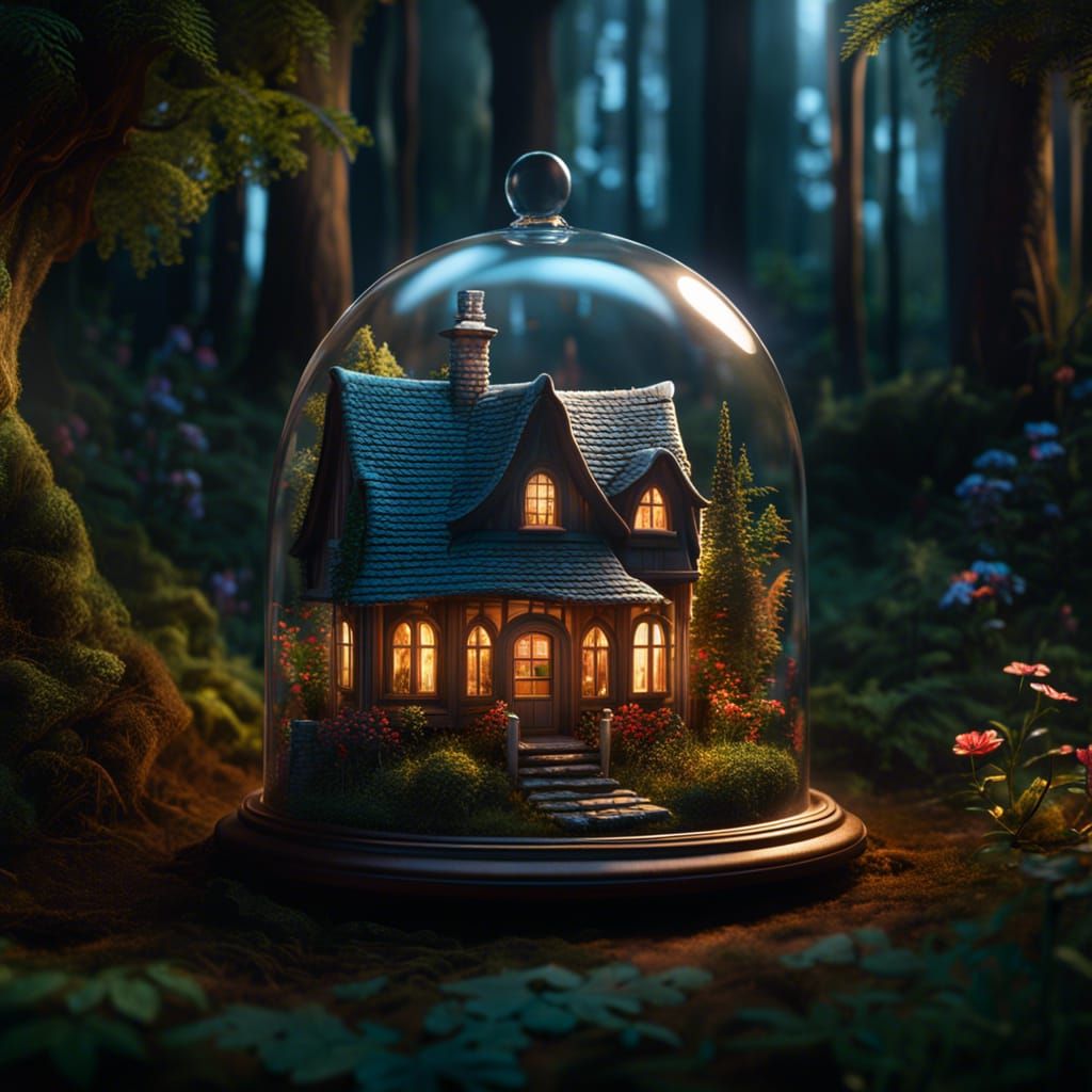 Miniature Forest Cottage Under Glass Cloche: Fantasy Art