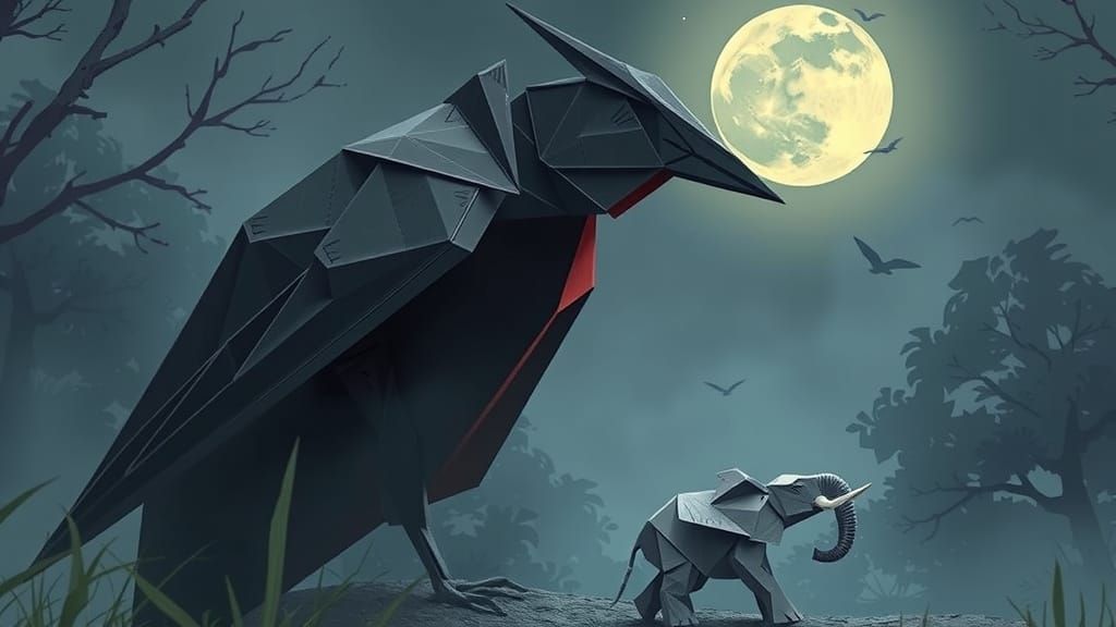 Giant Paper Crane Towers Over Paper Elephant