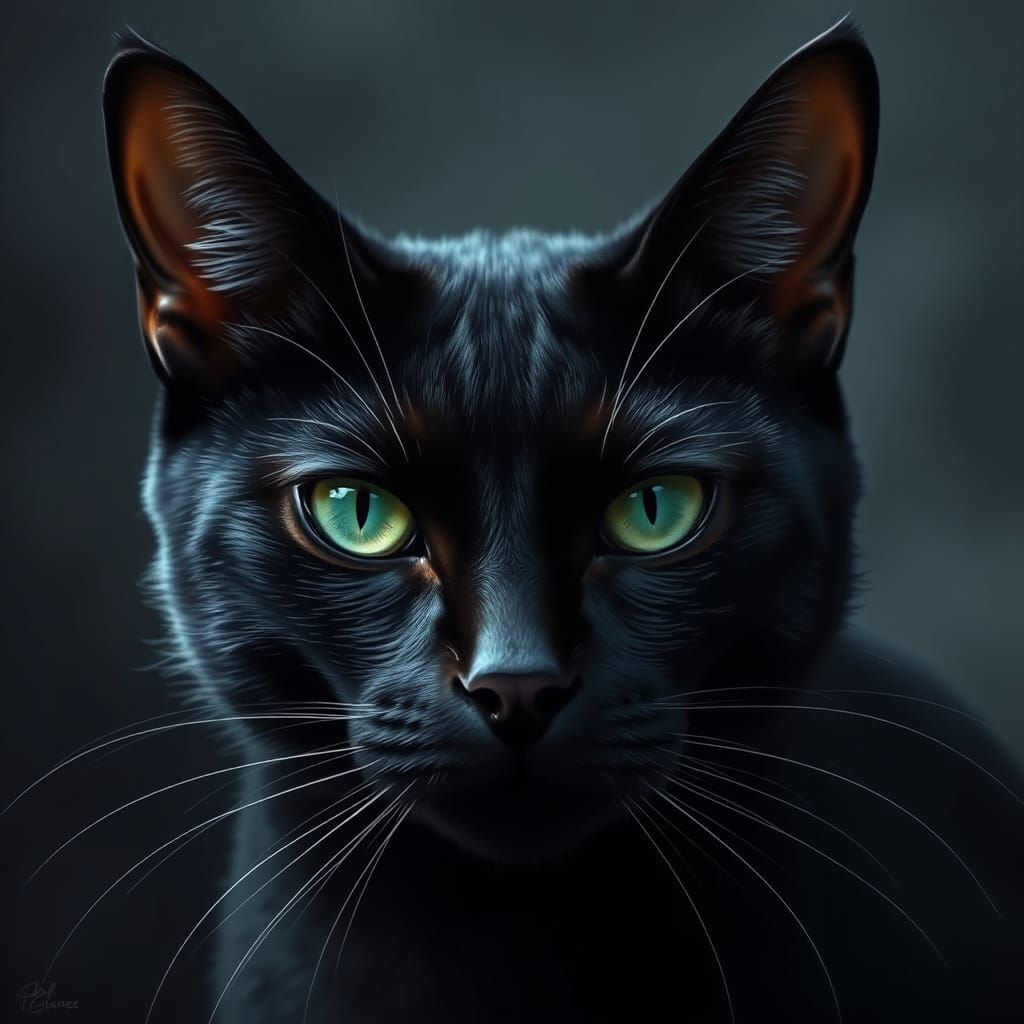 Sleek Black Cat with Emerald Eyes in Moody Atmosphere