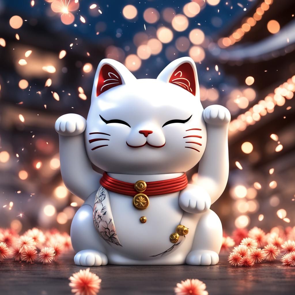 Maneki Neko Figurine with Anime Fireworks Display