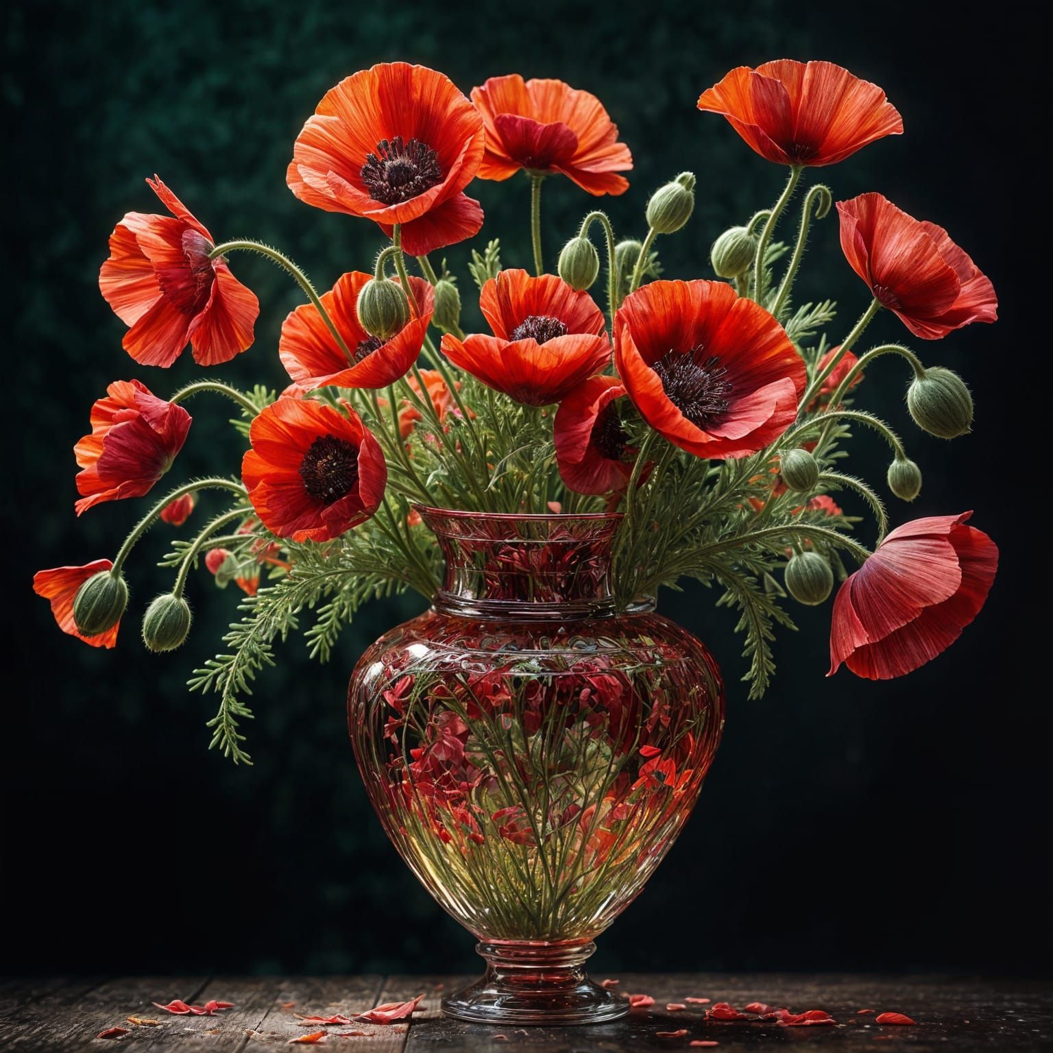 Ethereal Red Poppy Vase in Vibrant Realism