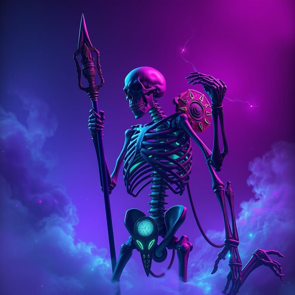 Neon Skeleton Warrior in a Dreamlike Realm