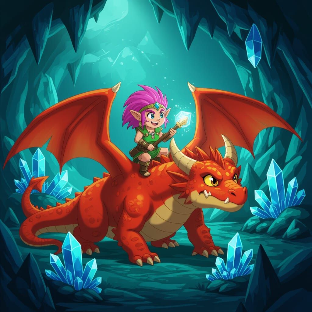 Troll Riding Dragon in Treasure Cave - Anime Style