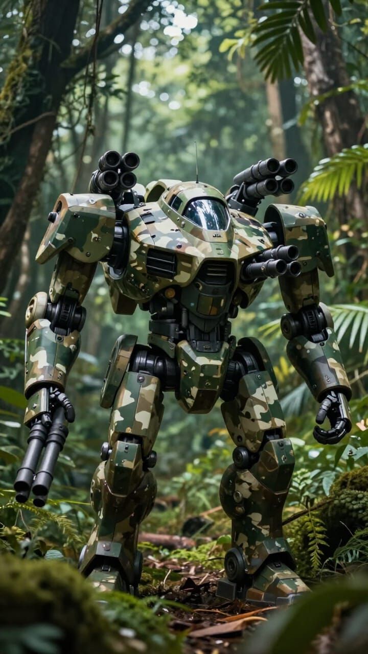 Camouflaged Battlemech Advances Through Jungle