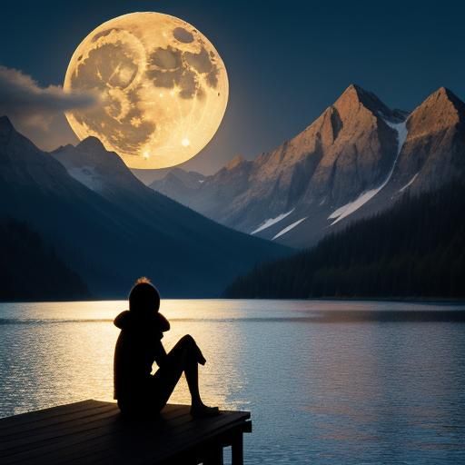 Child Gazing at Moon Over Lake: Abstract Art