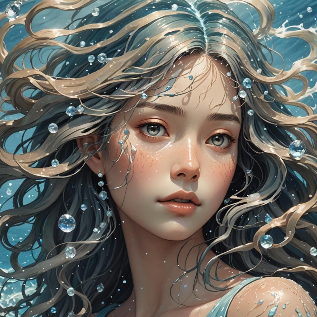 Giant Earth Woman with Waterfall Hair, Ghibli Style