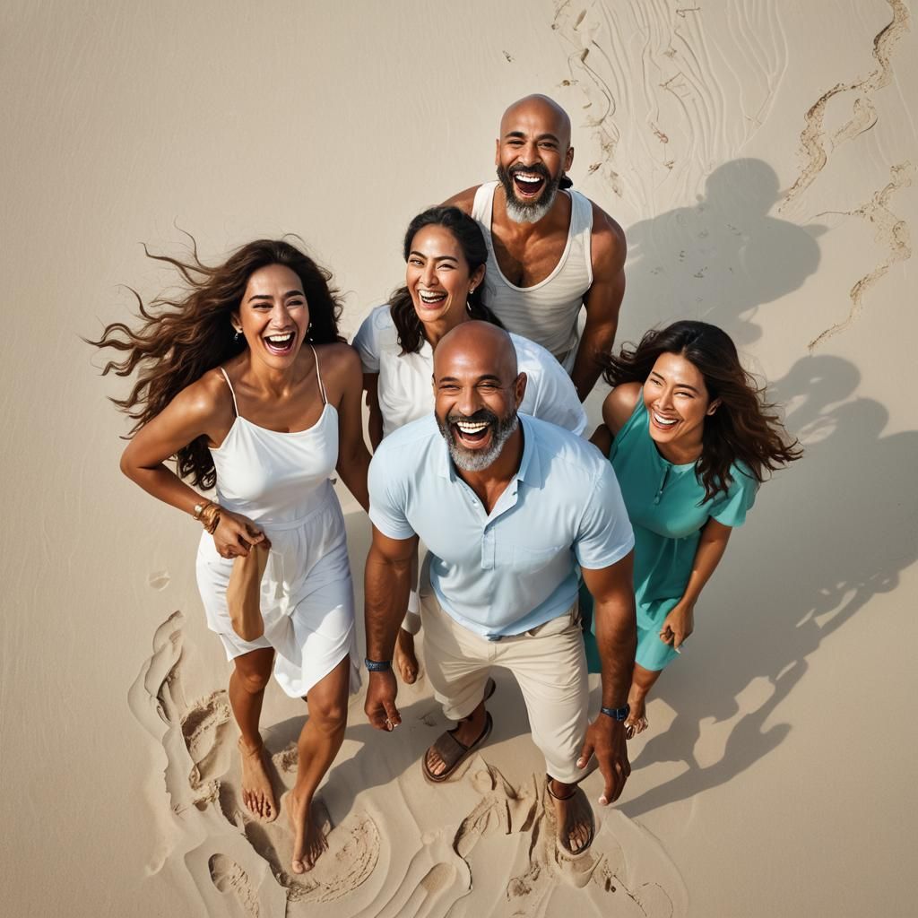 Friends Laughing on Beach in Vibrant Digital Portrait