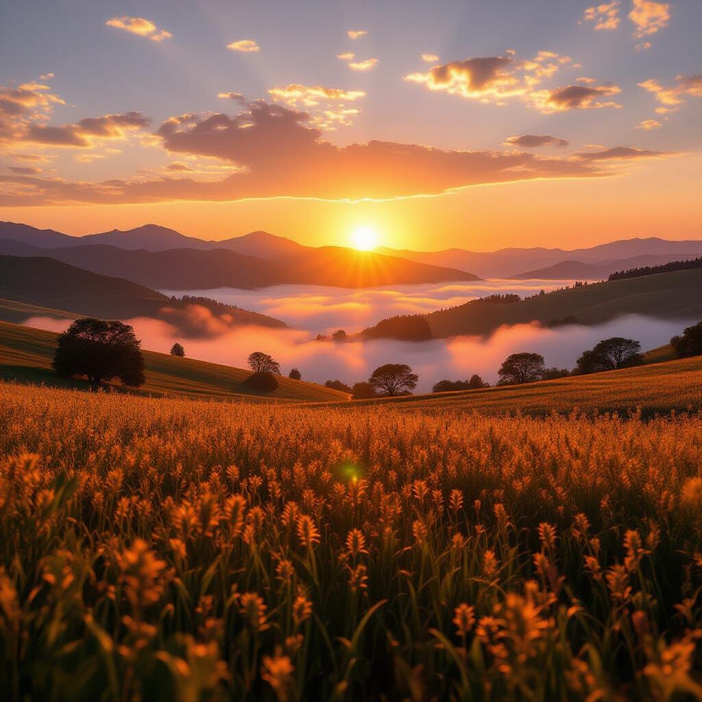 Golden Hour Landscape with Ethereal Light