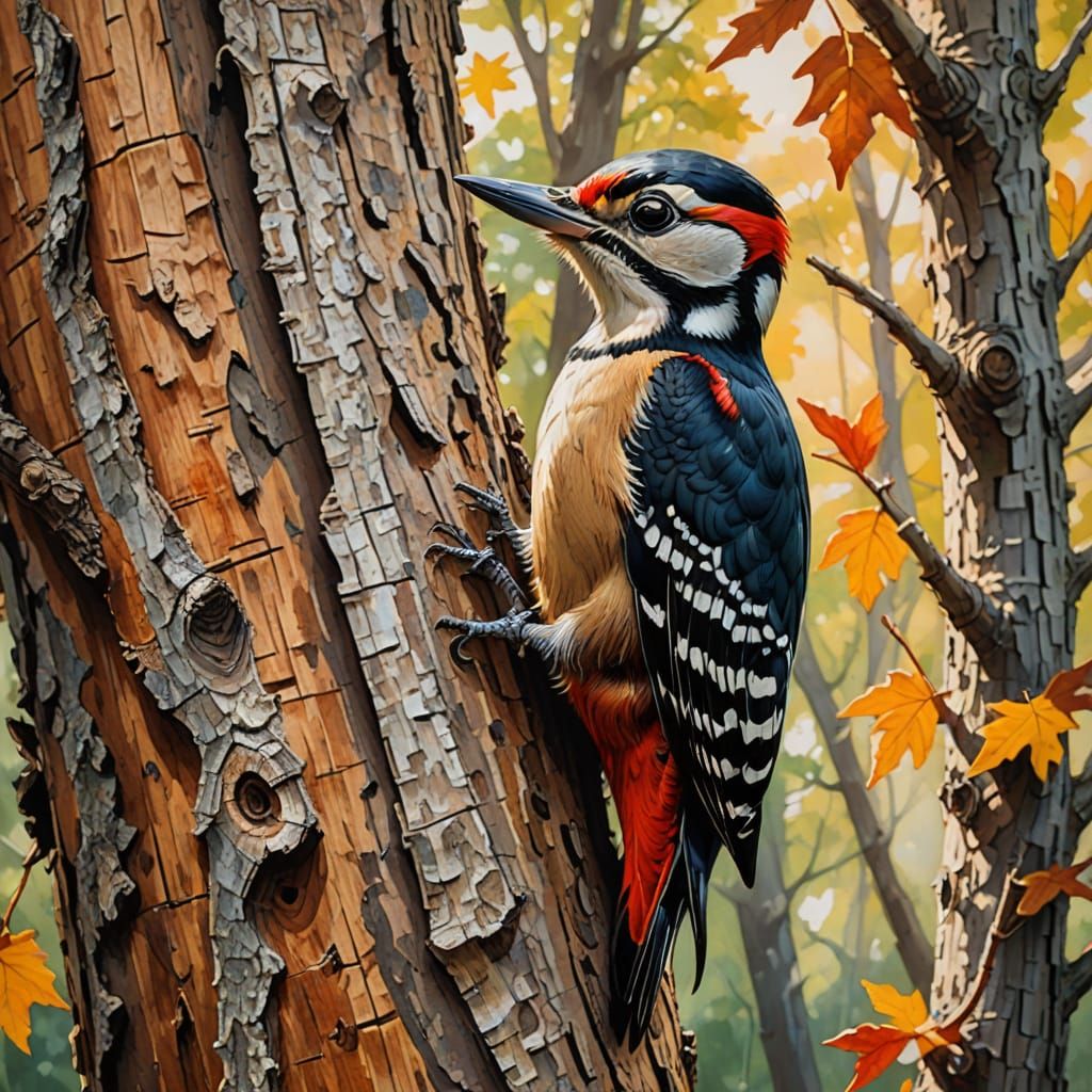 Vibrant Woodpecker Gouache Painting on Tree Trunk