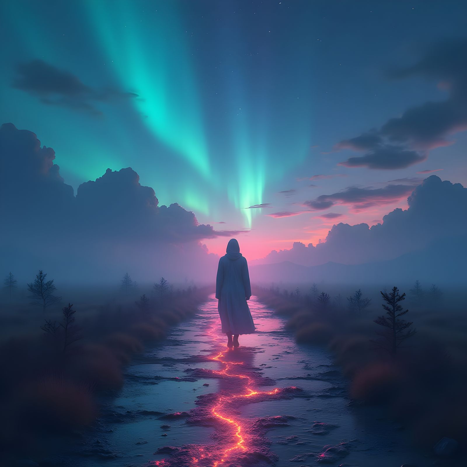 Ethereal Figure Walks Cosmic Path Under Northern Lights