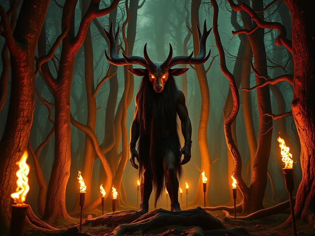 Cernunnos in Eerie Forest: a Photorealistic Oil Painting