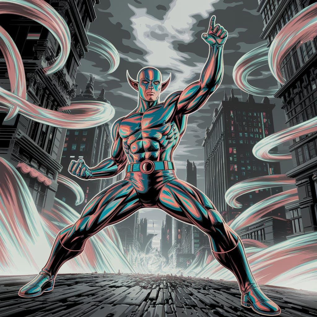 Lovecraftian Superhero in Glitchcore Cityscape
