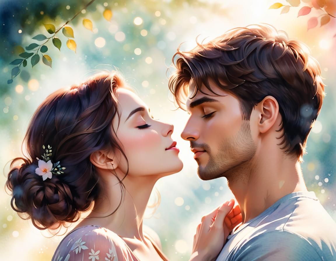 Romantic Couple About to Kiss in Watercolor