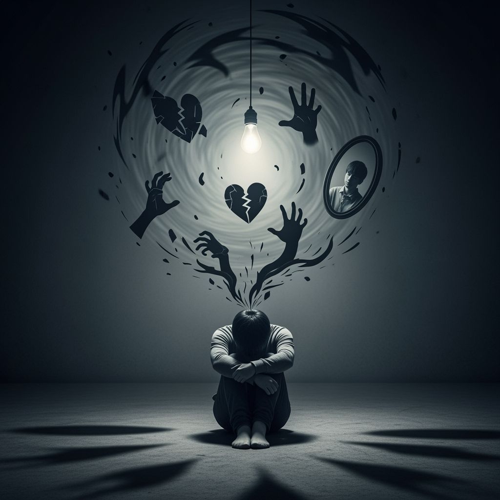 Figure Consumed by Despair in Shadowy Room