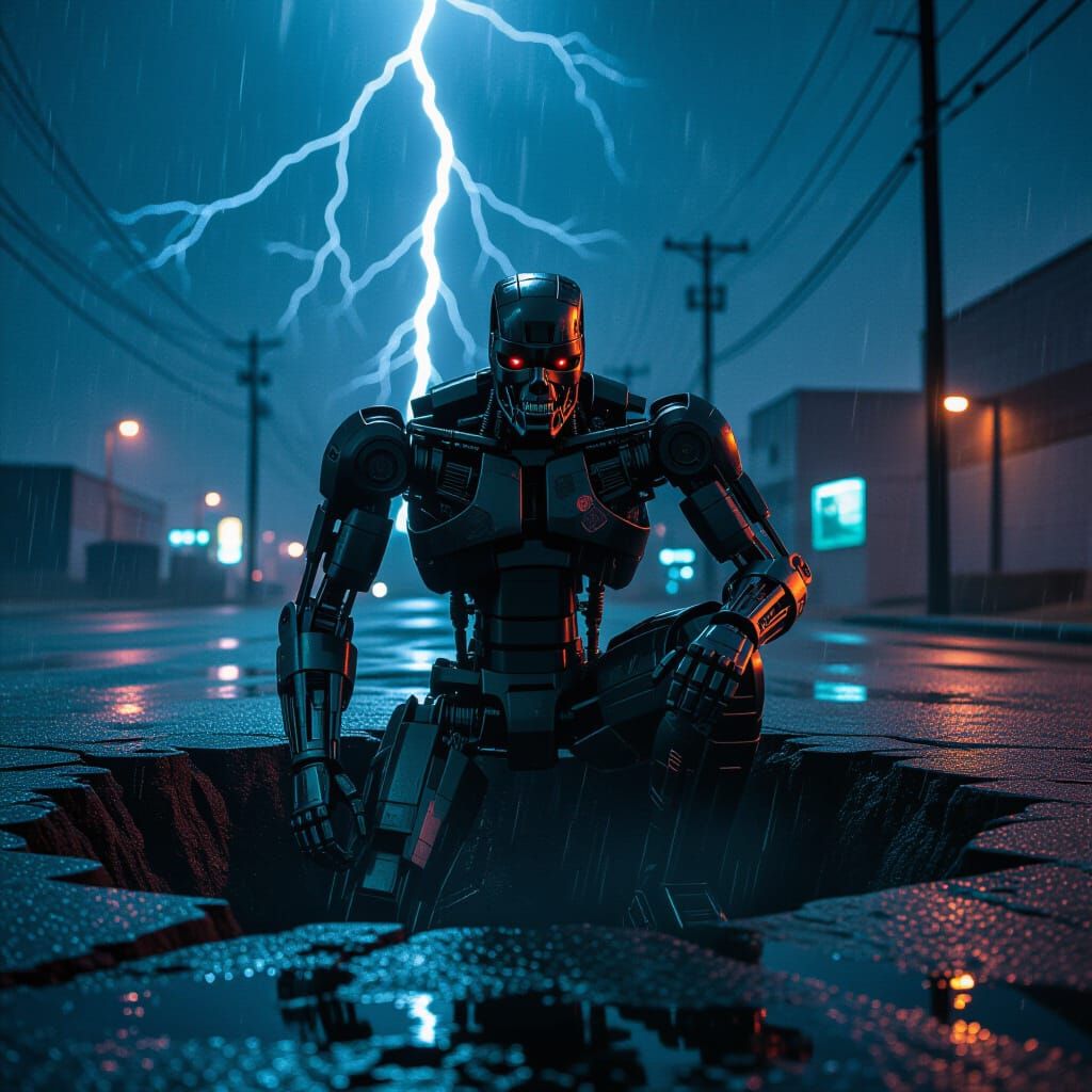 T-800 in Cyberpunk Style With Lightning