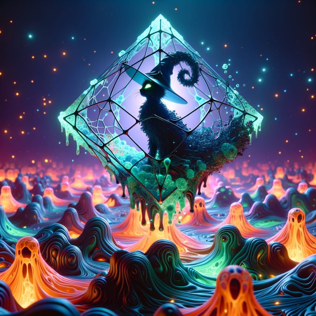 Surreal Ferrofluid Witch Suspended in a 4D Tesseract of Liqu...