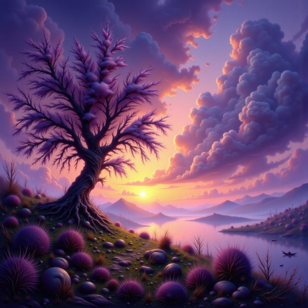 Ancient Oak Overlooking Serene Lake at Dusk