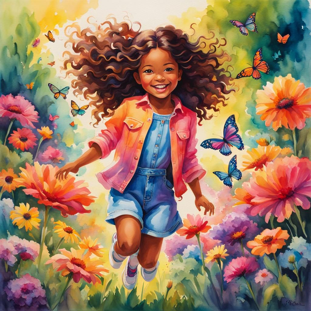 Neon Rainbow Landscape with Happy Child, Watercolor
