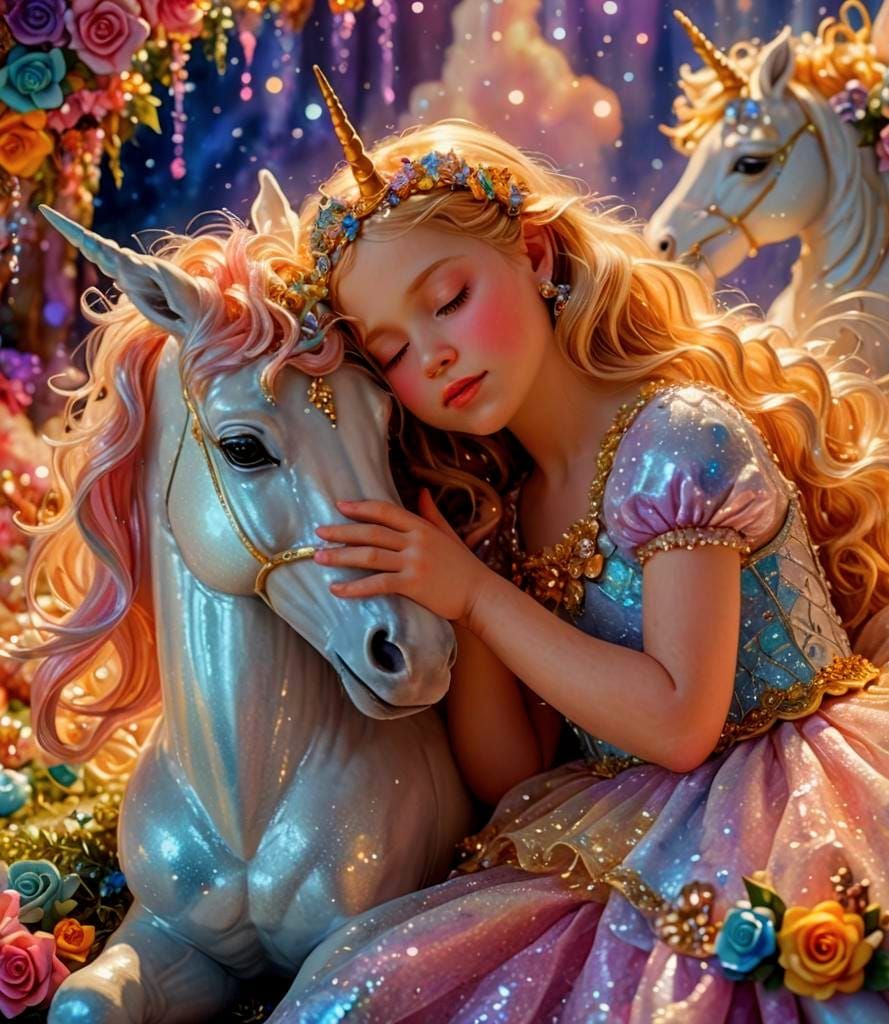 Baby Princess Sleeping with Magical Unicorn in Candy Art