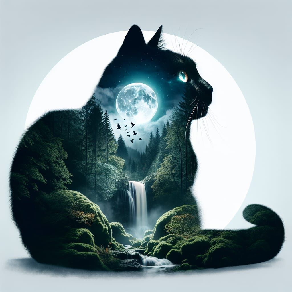 Mystical Forest Inside Cat Silhouette in Double Exposure