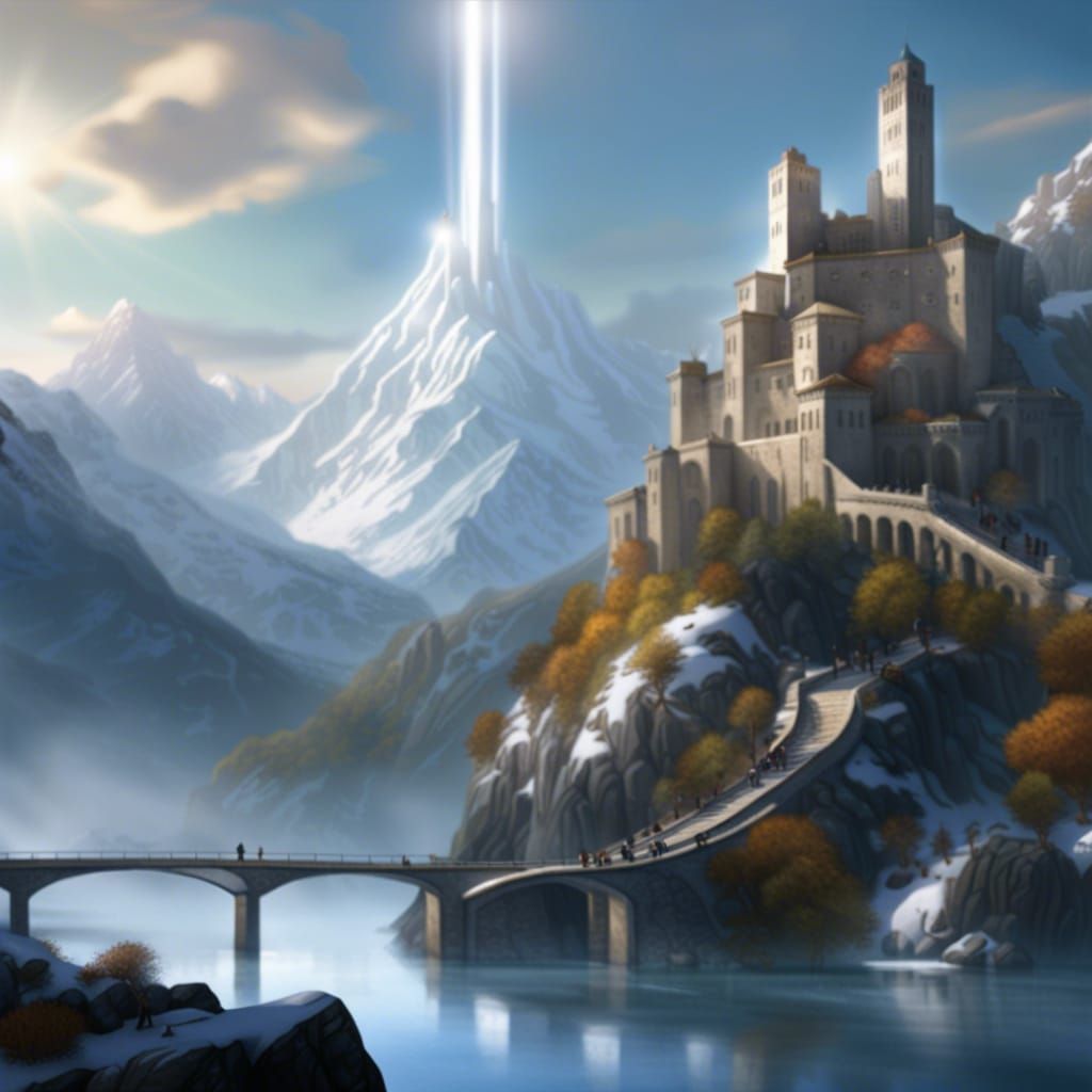 Fantasy City with White Tower on Island