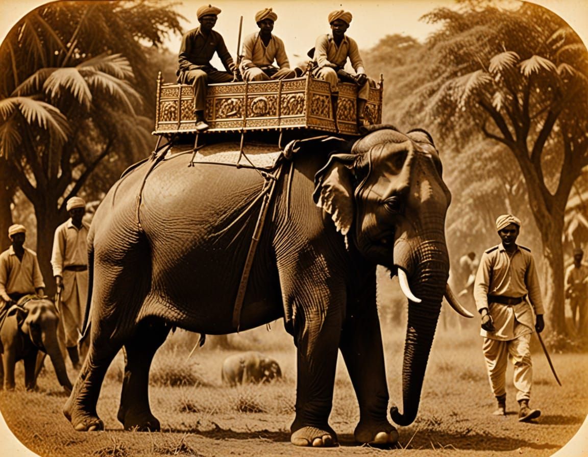 Vintage Indian Tiger Hunt Scene on Elephant Back in Sepia