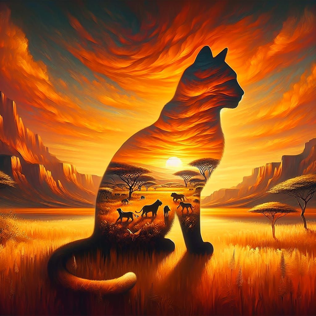 Orange Cat Silhouette with Lions in Savannah Sunset