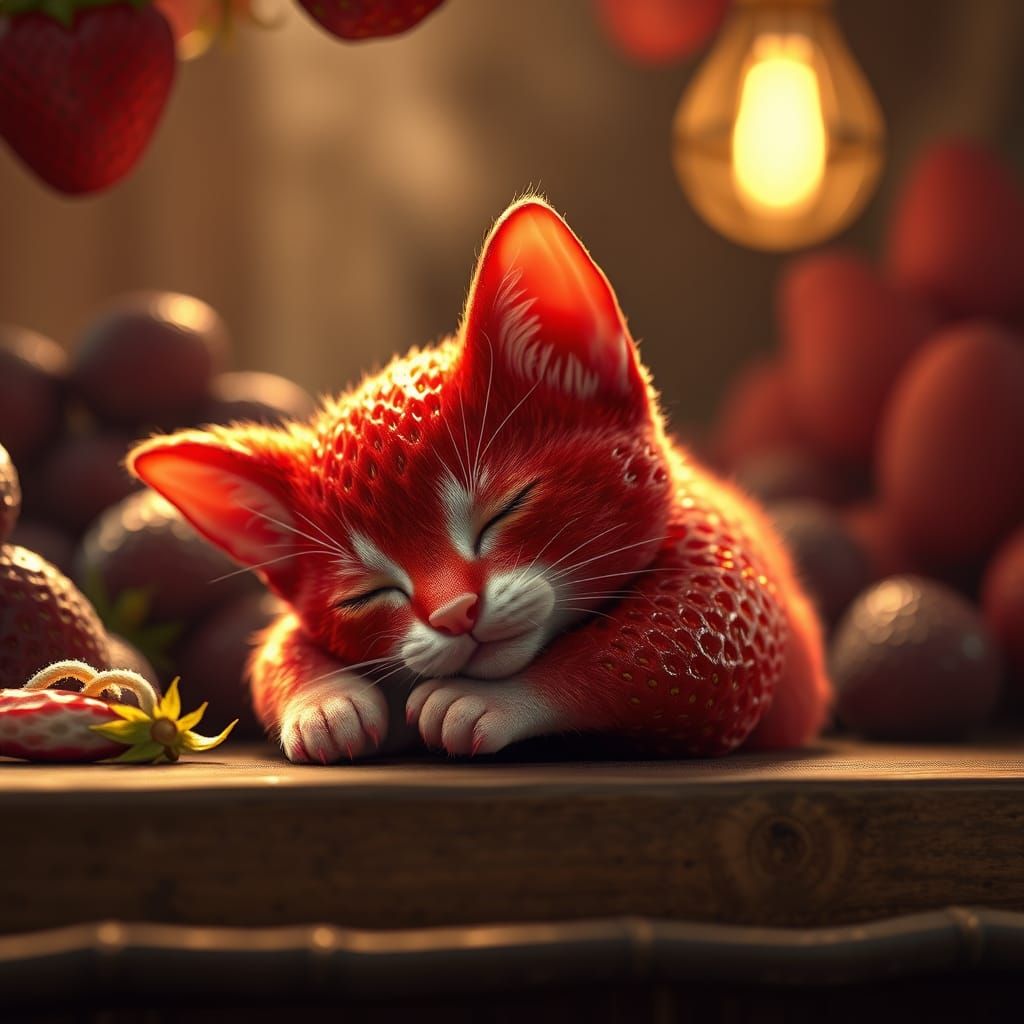 Whimsical Strawberry Kitten in Art Nouveau Style