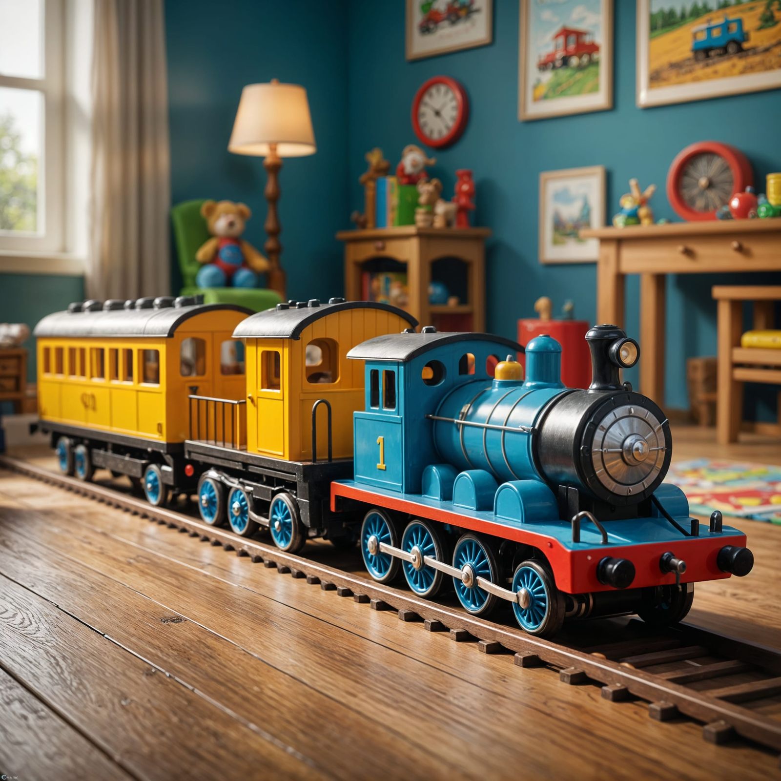 A Wooden Toy Train in a Vibrant Kids' Room