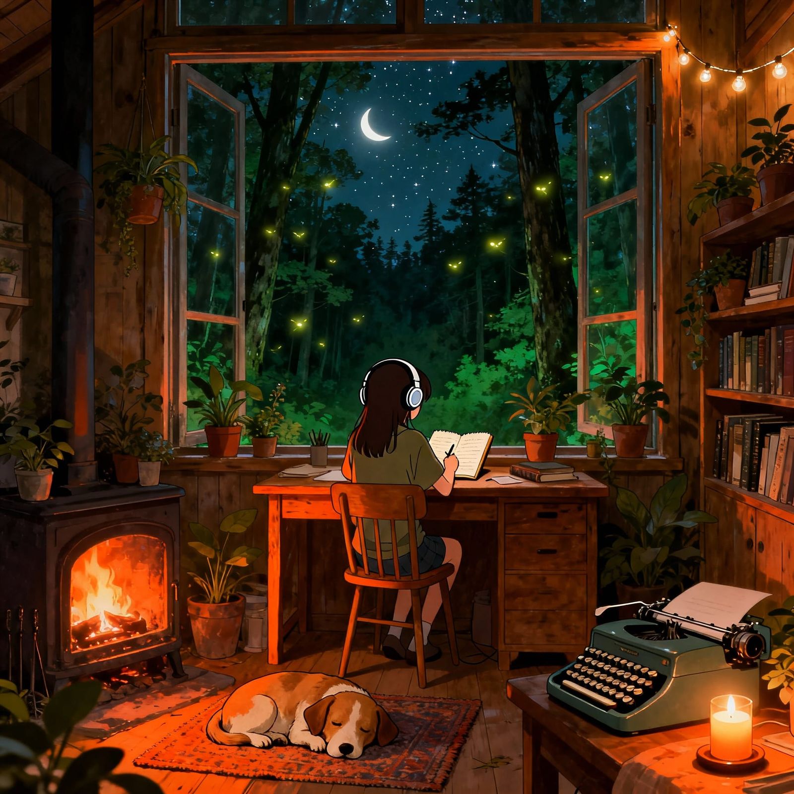 Cozy Lofi Cabin Scene: Girl Writing by Firelight