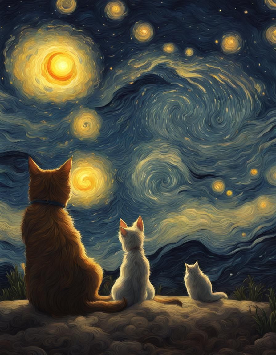 Cat and Dog in Starry Night Painting