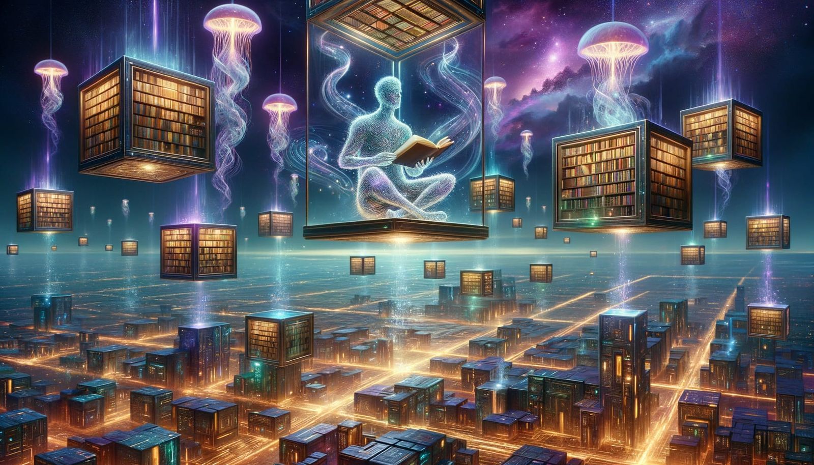 Surreal Futuristic Library Suspended Above Glowing Cityscape...