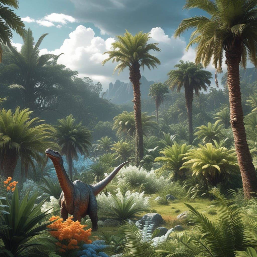 Epic Hyper-Realistic Mesozoic Landscape in Vibrant, Electric...