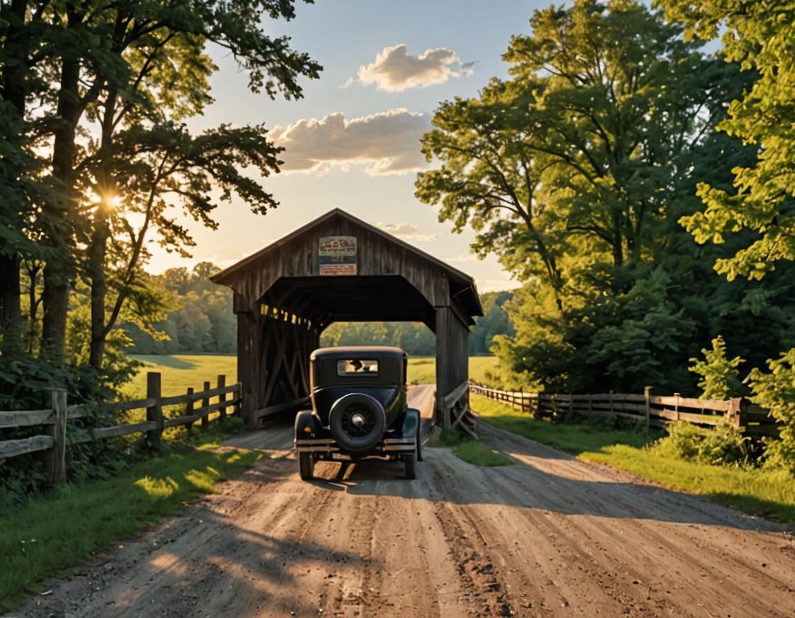 Country Road with Covered Bridge in Courier and Ives Style