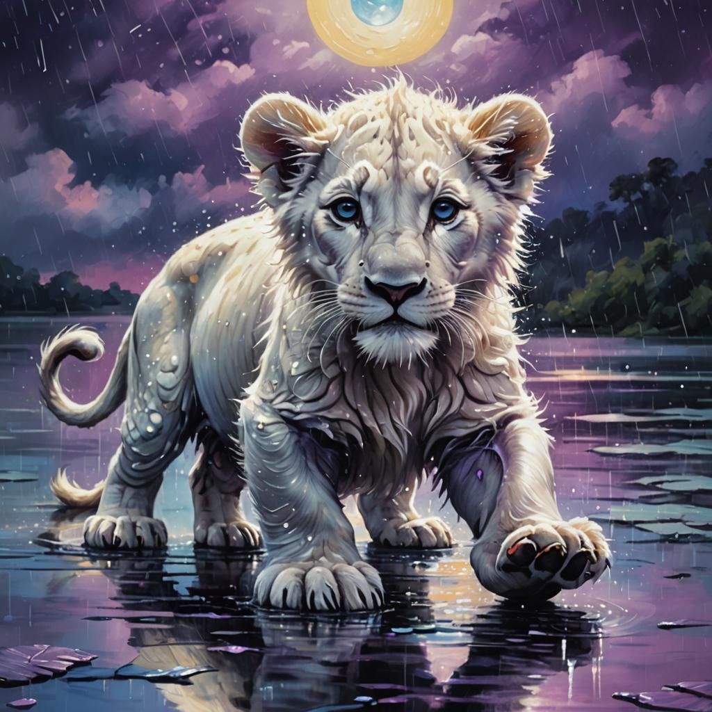 Lion Cub Dancing in Moonlit Rain: Fantasy Oil Painting