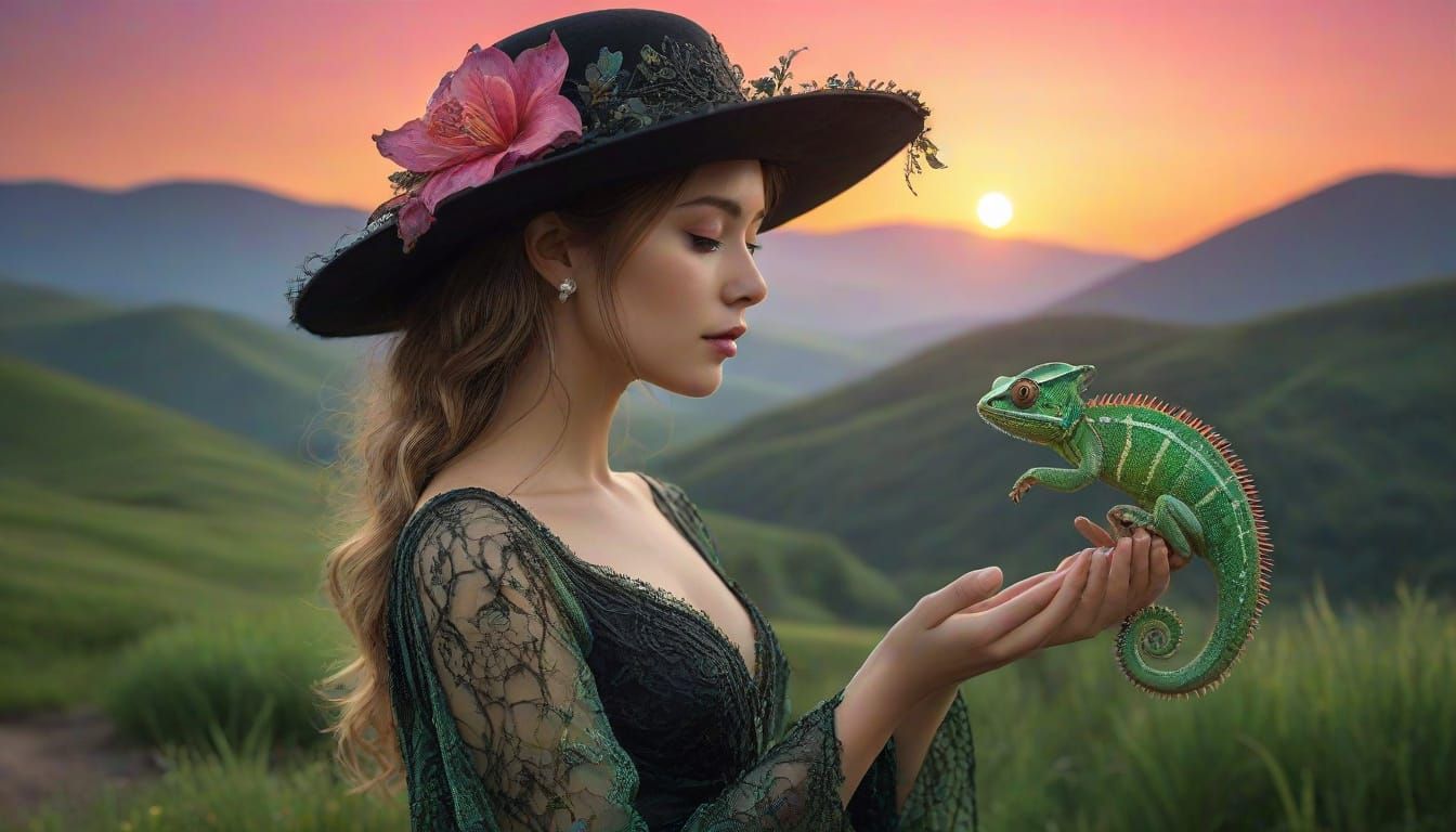 Ethereal Woman in Surreal Landscape with Chameleon