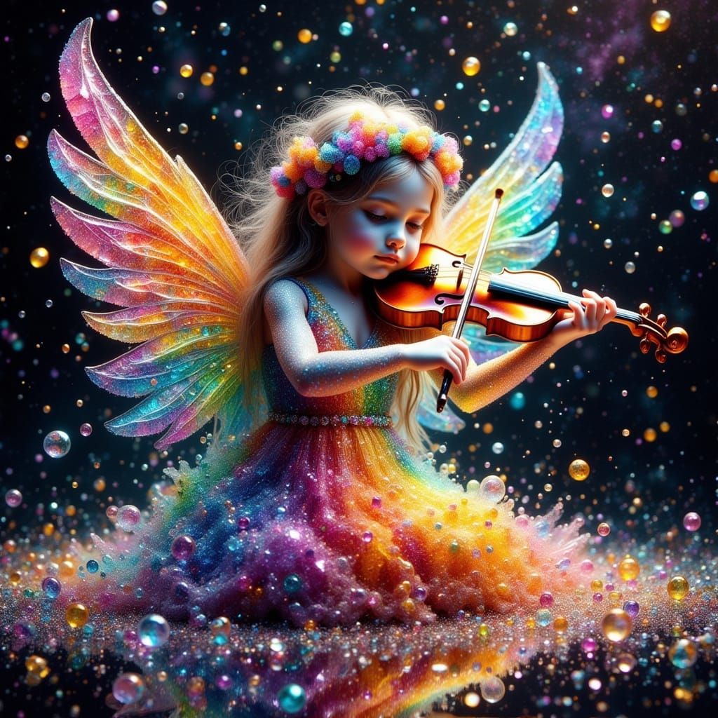 Cracked Glass Angel Playing Violin on Rainbow