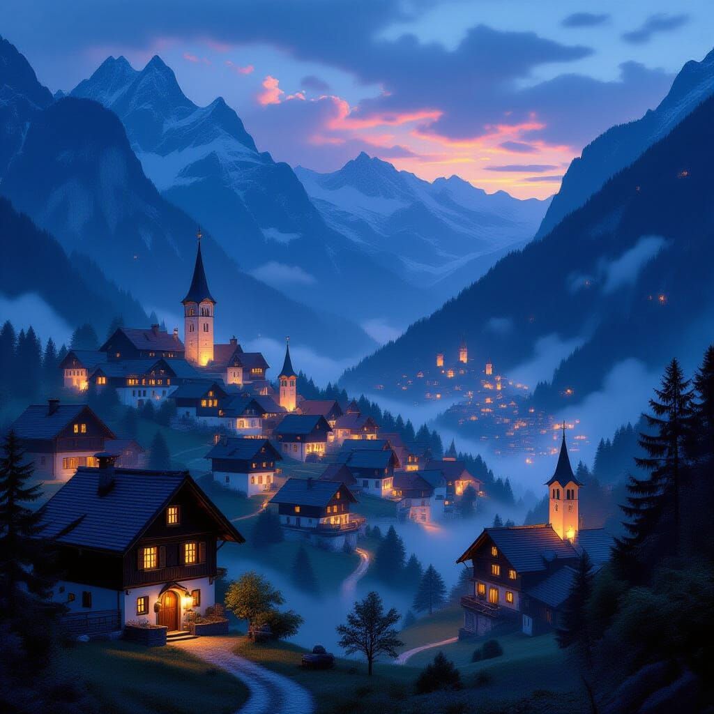 Enchanted Alpine Village With Lanterns