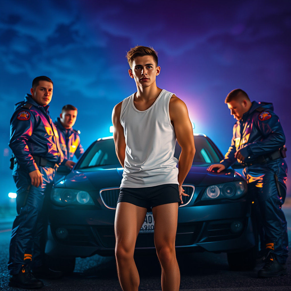 Young Man Arrested at a DUI Checkpoint in a Cyberpunk Nightt...