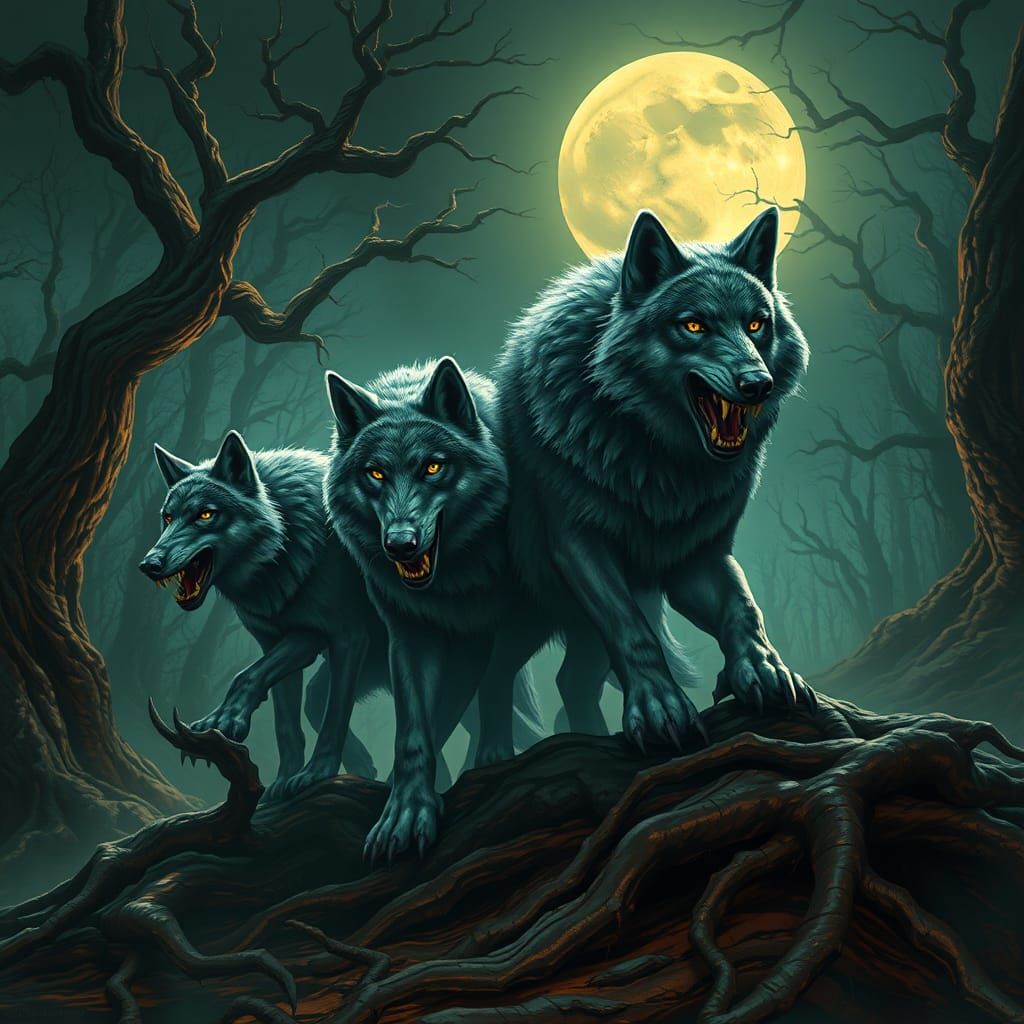Mystical Wolves in Sci-Fi Forest Art