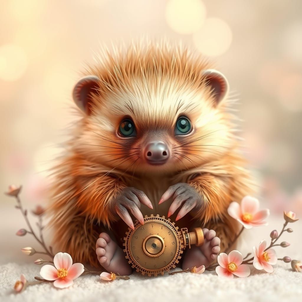 Whimsical Steampunk Porcupine in Dreamy Pastel Landscapes