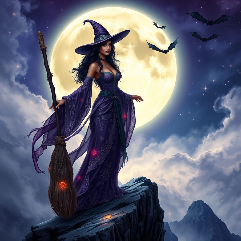Mystical Witch on Cliff Under Moonlight
