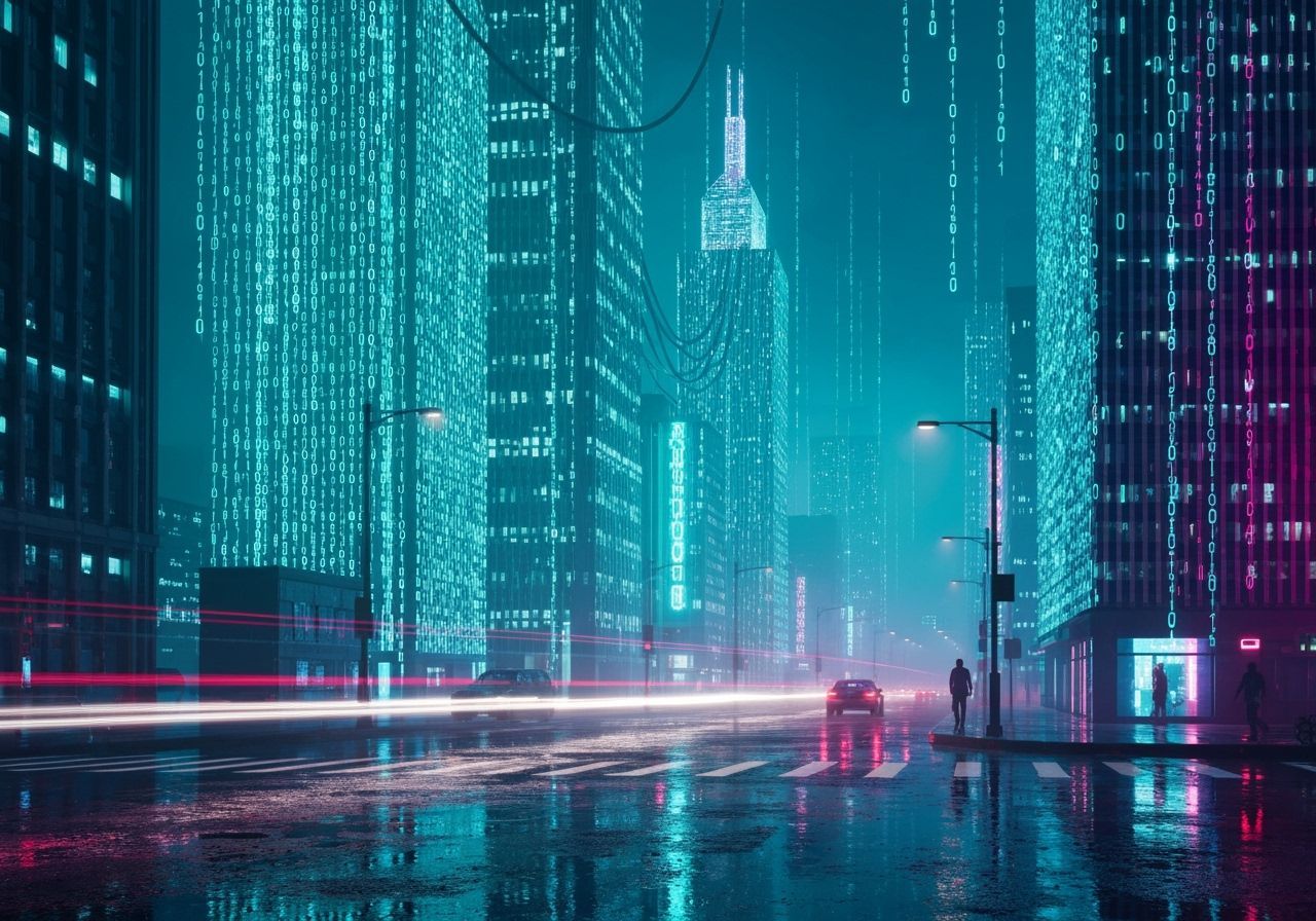 Digital Cityscape of Binary Code Streams at Blue Hour