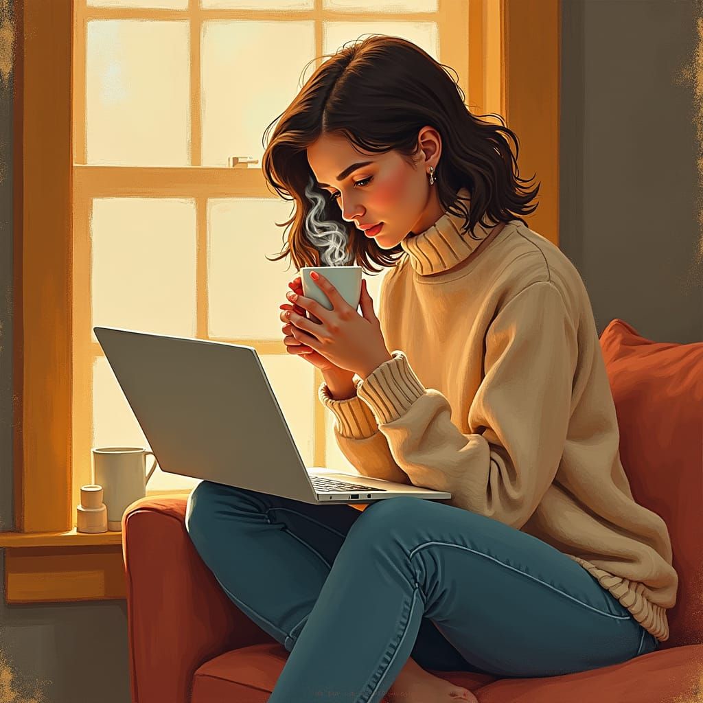 Cozy Woman with Laptop: Illustration in Warm Style