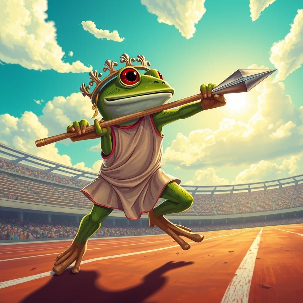 Whimsical Frog Athlete Hurls Javelin in Futuristic Folk Art....