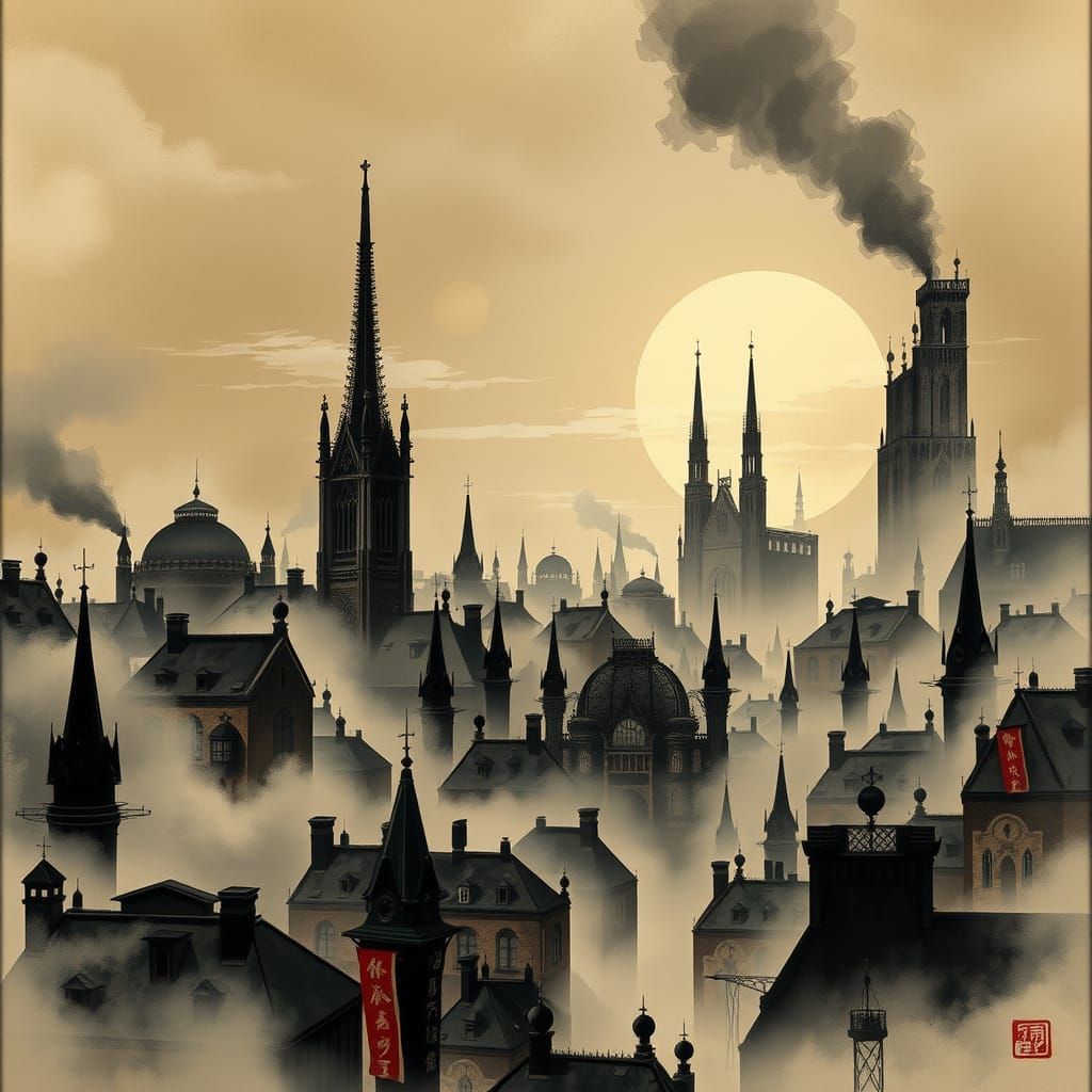 Ankh-Morpork as Ink Wash Painting by Sesshū Tōyō