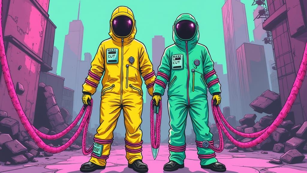 Retro-Futuristic Hazmat Duo Trapped in Neon Web